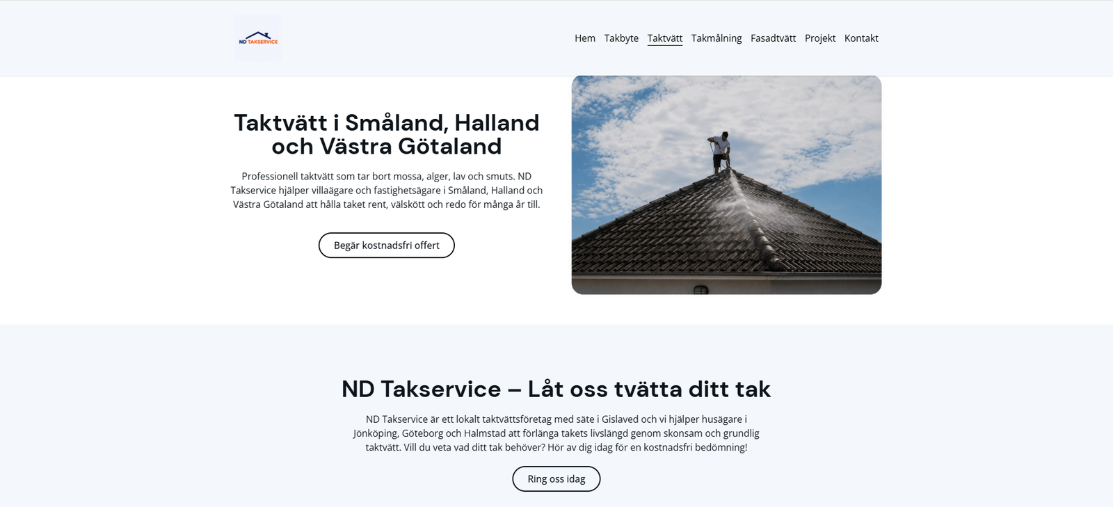 Tjänstesida på ND Takservices webbplats