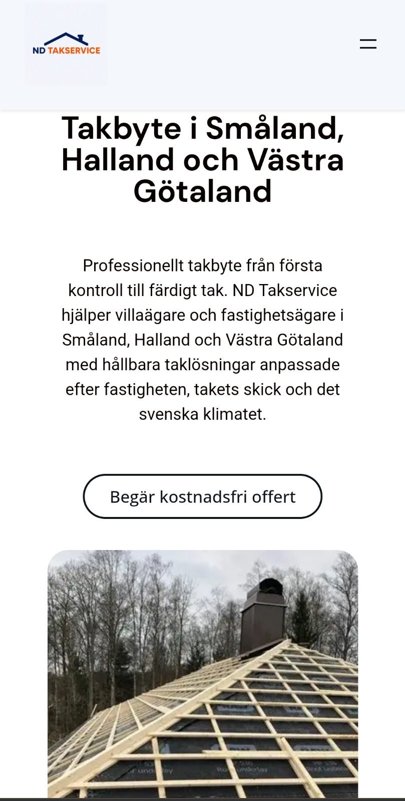 ND Takservices webbplats i mobilvy
